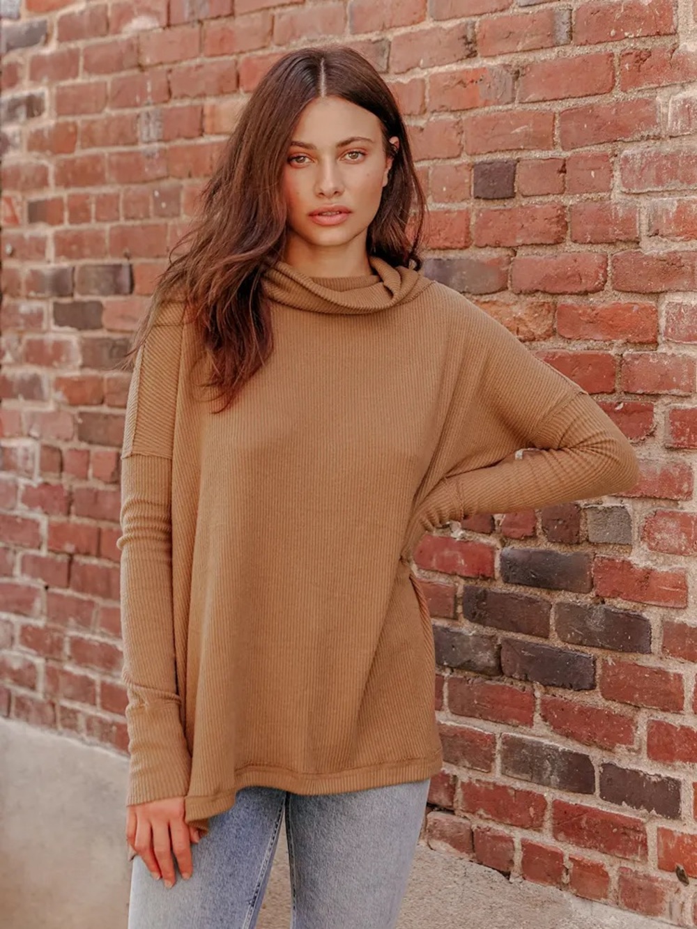Free People Juicy Light Brown Ribbed Knit Cowl Neck Split-Back Tunic Top